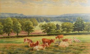 H J Rhodes, Cattle in a landscape, watercolour, signed lower right, 26 x 39cm