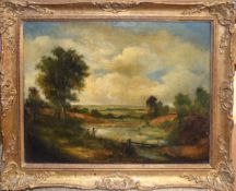 English School (19th century), River landscape with figures, oil on canvas, 34 x 44cm