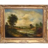 English School (19th century), River landscape with figures, oil on canvas, 34 x 44cm