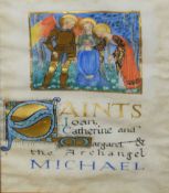 19th century illuminated manuscript leaf, St Joan and others, on vellum, 25 x 17cm