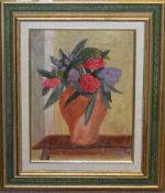 E Boyland, Rhododendrons in a terracotta vase, oil on board, signed and dated 1938 lower right, 39 x