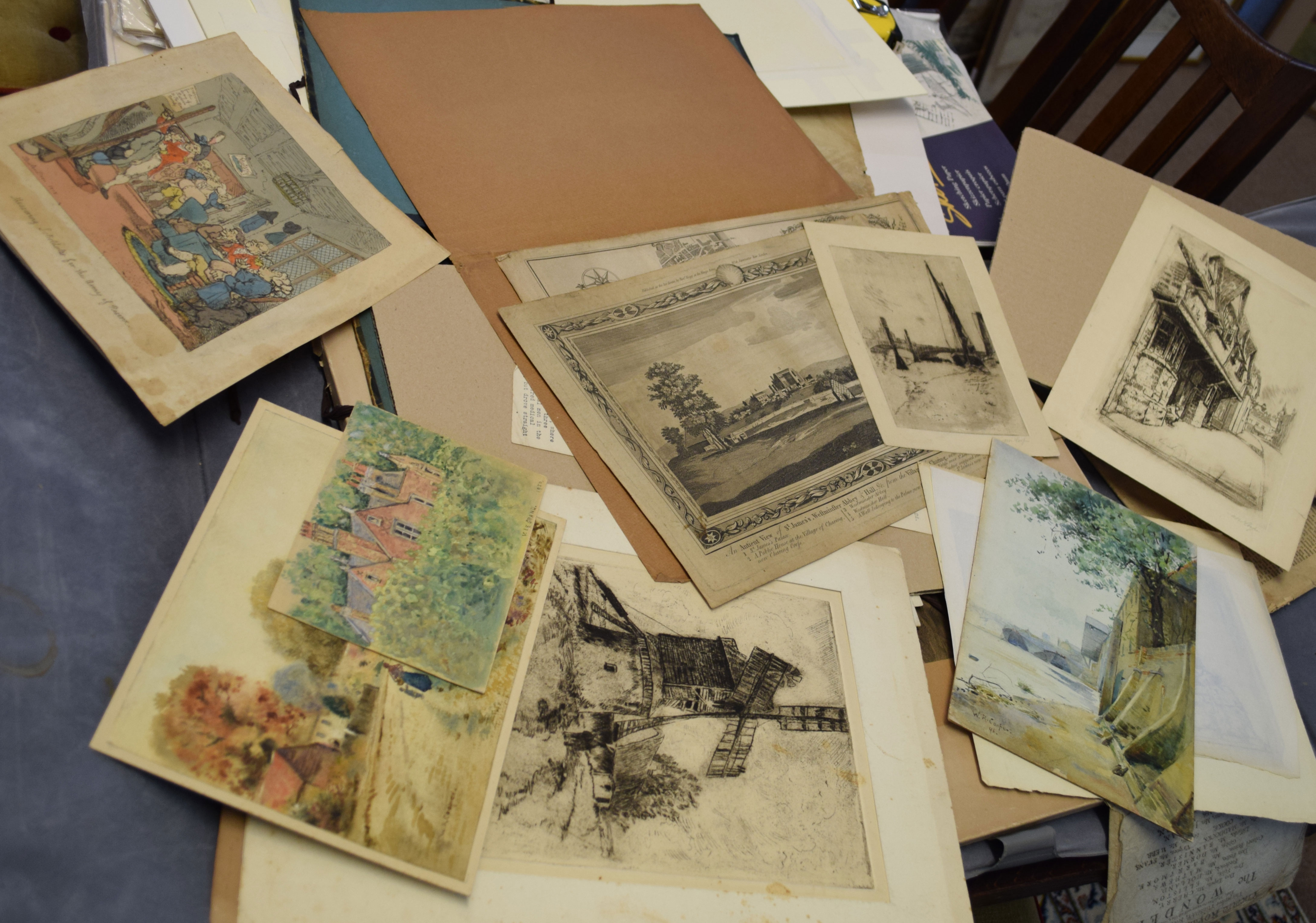 Folder of assorted watercolours and etchings to include works by W R Cooper