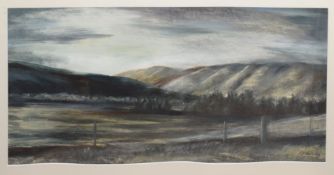 Kathy Kerr (Contemporary), New Zealand landscape, monotype with mixed media, signed and dated ~06