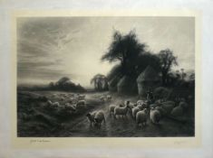 Joseph Farquharson, engraved by Herbert Sedcole, Sheep grazing, black and white engraving, published
