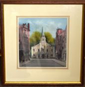 Ken Messer, Town scene with church, watercolour, signed lower left, 22 x 20cm