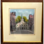 Ken Messer, Town scene with church, watercolour, signed lower left, 22 x 20cm