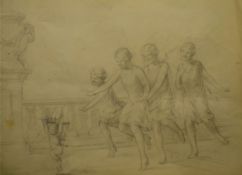 English School (20th century), Dancers chasing a cherub, pencil drawing with further drawing of a