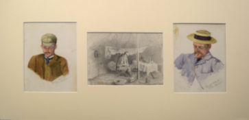 Emily C Bland, Figure studies, two watercolours and one pencil drawing in one mount, both