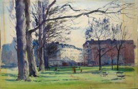 O F Olley, Figures in a London park, watercolour, signed lower right, 32 x 48cm, unframed