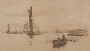 William Lionel Wyllie, RA, RI, RE (1851-1931), "Shipping on the Thames, Greenwich", black and