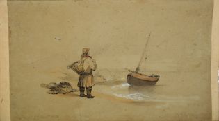 H Rooke, Coastal scene with fishermen, watercolour, signed lower right and further inscribed "R M