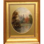 J W Hamilton Marr, Castle from the river, oil on panel, signed lower left, 18 x 16cm, oval