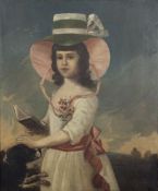 English School (19th century), Young girl wearing bonnet, holding a book, with a dog, oil on canvas,