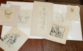 Alan Jones, portrait studies etc, group of seven pencil/pen drawings, assorted sizes, some