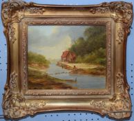 J Mills, River landscape with figures and cottage, oil on board, signed lower left, 19 x 24cm