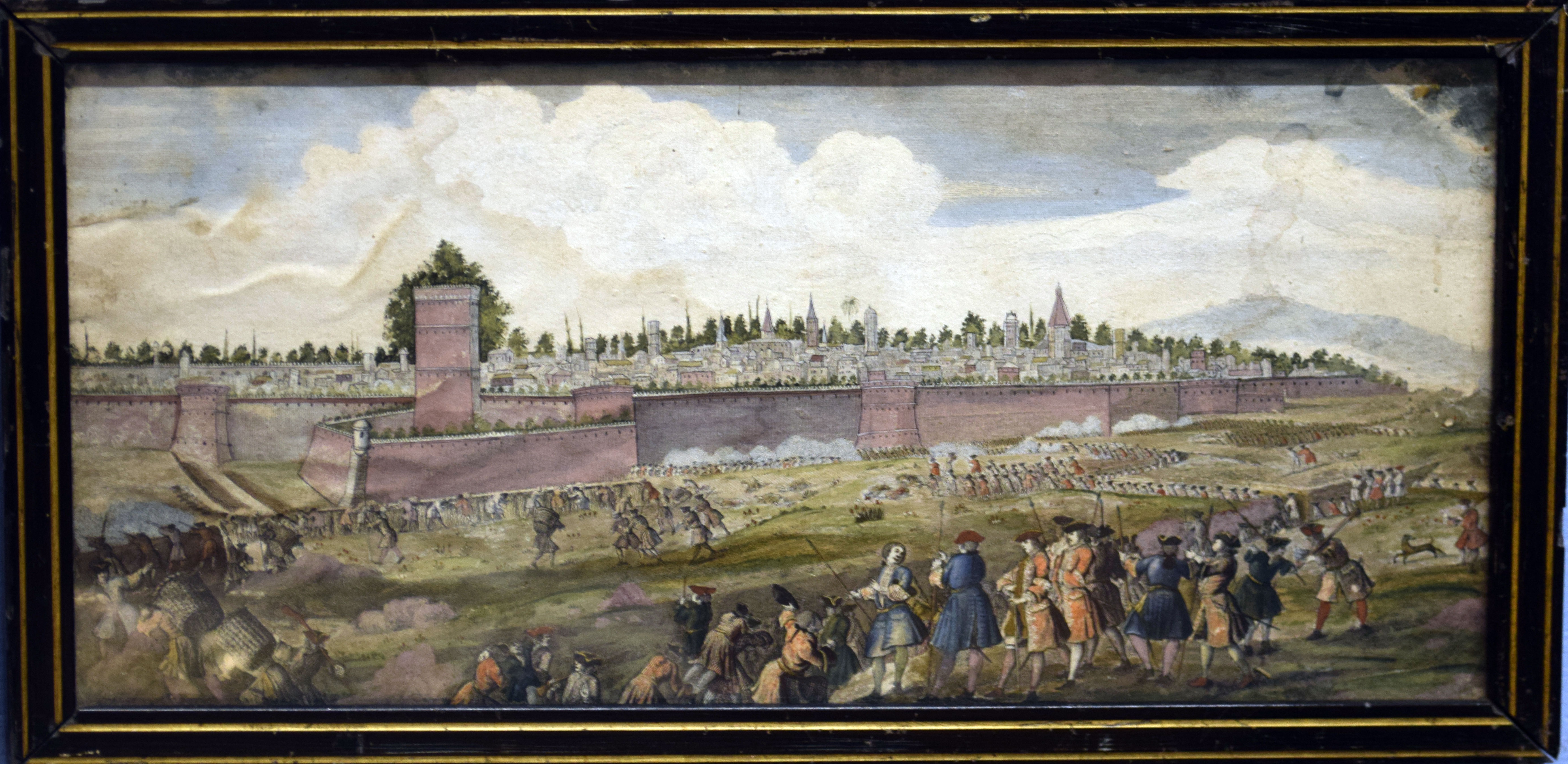 Siege of a city, 18th century hand coloured engraving, 19 x 41cm