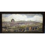 Siege of a city, 18th century hand coloured engraving, 19 x 41cm