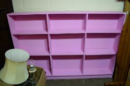 LARGE PAINTED WOOD BOOK SHELF, WIDTH APPROX 182CM