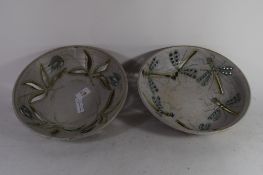 TWO ART POTTERY BOWLS DESIGNED BY JUNE GREEN DATED 1987, ONE WITH DRAGONFLY DECORATION