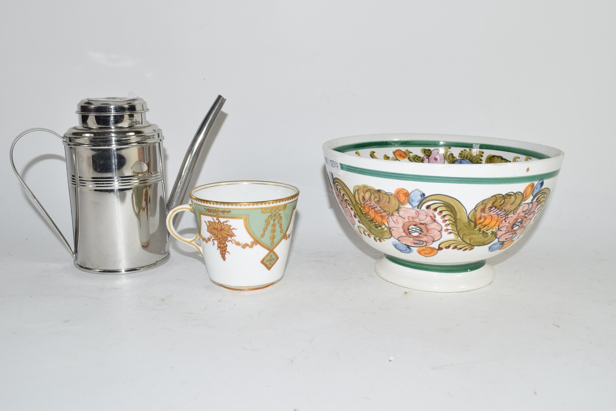 GREEK POTTERY BOWL, SILVER COLOURED JUG AND PORCELAIN CUP