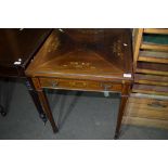 EDWARDIAN HARDWOOD FOLDING CARD TABLE WITH STRUNG AND INLAID FLORAL DECORATION, TOP A/F