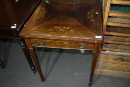 EDWARDIAN HARDWOOD FOLDING CARD TABLE WITH STRUNG AND INLAID FLORAL DECORATION, TOP A/F