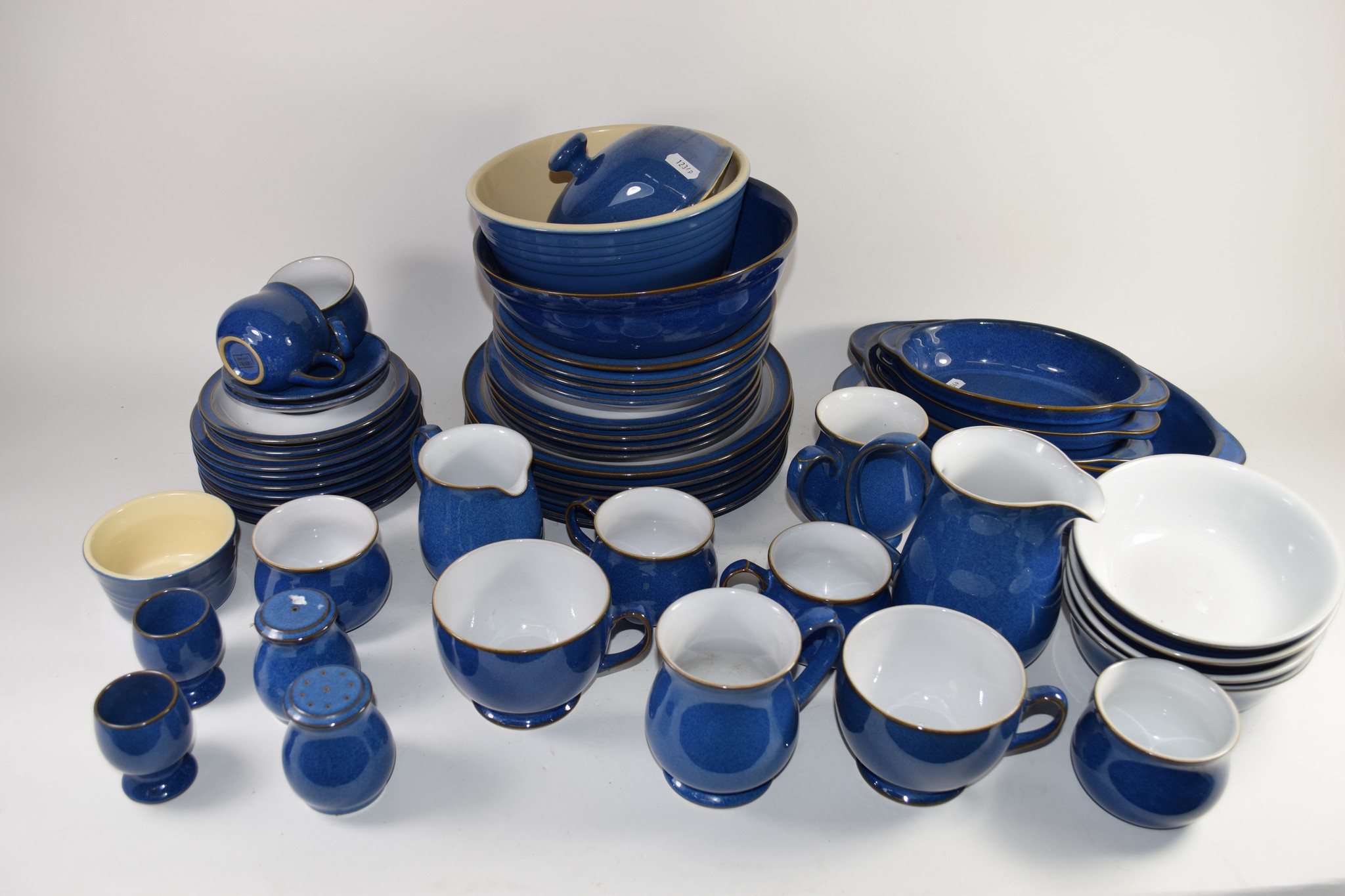 QUANTITY OF DENBY WARE BLUE GLAZED KITCHEN ITEMS INCLUDING TUREENS, DINNER PLATES, SIDE PLATES, CUPS