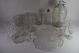 BOX CONTAINING GLASS WARES INCLUDING TWO JARS AND COVER, LARGE JAR WITH LUG HANDLES ETC