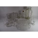 BOX CONTAINING GLASS WARES INCLUDING TWO JARS AND COVER, LARGE JAR WITH LUG HANDLES ETC