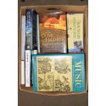BOX OF MIXED BOOKS INCLUDING MUSIC INTEREST, NOVELS BY DRINKWATER AND THE MURDERS AT WHITEHOUSE