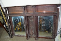 MIRRORED DRESSER BACK CARVED IN ART NOUVEAU STYLE WITH FLANKING MIRRORS, WIDTH APPROX 136CM