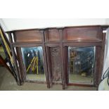 MIRRORED DRESSER BACK CARVED IN ART NOUVEAU STYLE WITH FLANKING MIRRORS, WIDTH APPROX 136CM