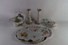 PAIR OF SHAPED CERAMIC DISHES TOGETHER WITH PAIR OF POTTERY CANDLESTICKS ETC