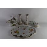 PAIR OF SHAPED CERAMIC DISHES TOGETHER WITH PAIR OF POTTERY CANDLESTICKS ETC