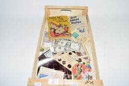 BOX CONTAINING VARIOUS EPHEMERA INCLUDING MOTOR FUEL RATION BOOK, US $100 BILLS, SAM PIG AT THE