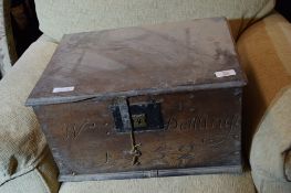 18TH CENTURY OAK STORAGE BOX WITH FLUSH MOUNTED IRON LOCK (KEY PRESENT), INSCRIBED "W. DALLING