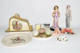 POTTERY CHEESE DISH AND COVER, TWO CERAMIC FIGURINES ETC