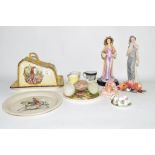 POTTERY CHEESE DISH AND COVER, TWO CERAMIC FIGURINES ETC