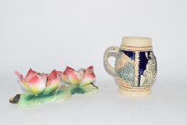 GERMAN STONEWARE MUG TOGETHER WITH A ITALIAN POTTERY PAIR OF FLORAL CANDLEHOLDERS