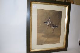 ORIENTAL WATERCOLOUR OF WADING BIRDS IN SEPIA WITH SIGNATURE BLOCK IN RED TO RIGHT HAND CORNER, IN