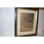 ORIENTAL WATERCOLOUR OF WADING BIRDS IN SEPIA WITH SIGNATURE BLOCK IN RED TO RIGHT HAND CORNER, IN