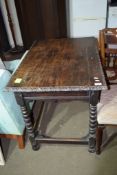 ANTIQUE OAK TABLE RAISED ON BOBBIN LEGS WITH CARVED DETAIL TO EDGE, APPROX 90 X 64CM