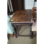 ANTIQUE OAK TABLE RAISED ON BOBBIN LEGS WITH CARVED DETAIL TO EDGE, APPROX 90 X 64CM