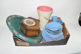 LARGE BOX CONTAINING CERAMIC ITEMS AND WOODEN MANTEL CLOCK