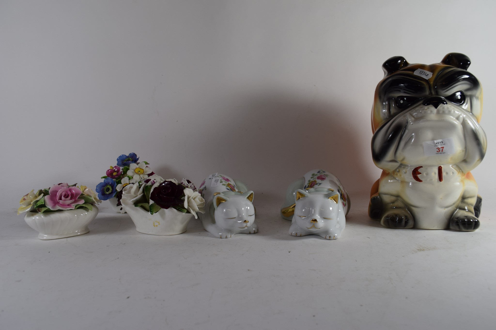LARGE POTTERY MODEL OF A BULLDOG WITH PAIR OF POTTERY CATS AND OTHER POTTERY FLOWER HOLDERS