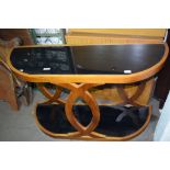 STYLISED MODERN WOOD AND GLASS HALL TABLE, WIDTH APPROX 124CM