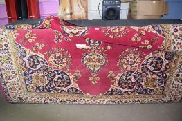 LARGE ENGLISH AXMINSTER TYPE STYLISED FLORAL CARPET WITH TRIPLE GULL BORDER, MAINLY RED FIELD, 254CM