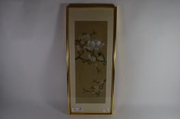 ORIENTAL PRINT OF BIRD ON A BRANCH IN GILT FRAME