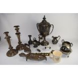 METAL WARES INCLUDING PAIR OF CANDLESTICKS, TEA URN ETC