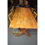 MODERN PINE KITCHEN TABLE, LENGTH APPROX 183CM, WIDTH APPROX 83CM, PLUS A SET OF FIVE STICK BACK